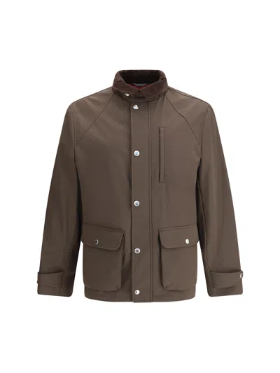 Brunello Cucinelli Men Stretch Membrane Nylon Jacket In Brown