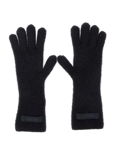 Jacquemus Les Gants Gros Grain Black Gloves With Logo Patch On The Front In Wool Blend Woman In Black