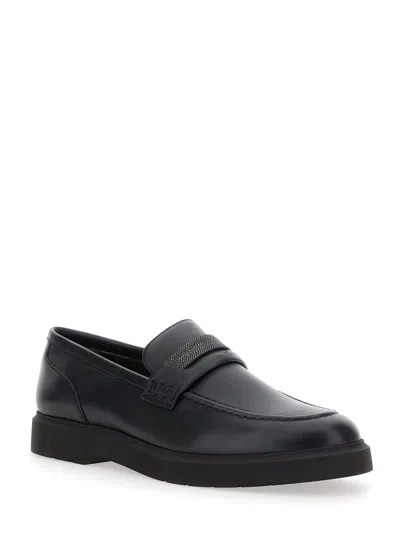 Brunello Cucinelli Black Loafers With Monil Detail On The Front In Smooth Leather Woman In Black