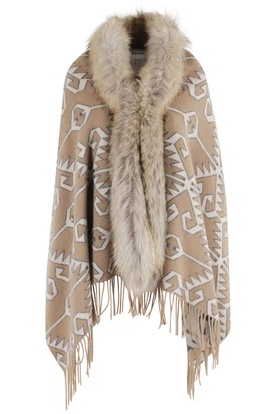 Bazar Deluxe Geometric Printed Wool Poncho With Eco Fur Collar In Neutral