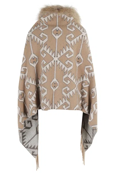 Bazar Deluxe Geometric Printed Wool Poncho With Eco Fur Collar In Neutral