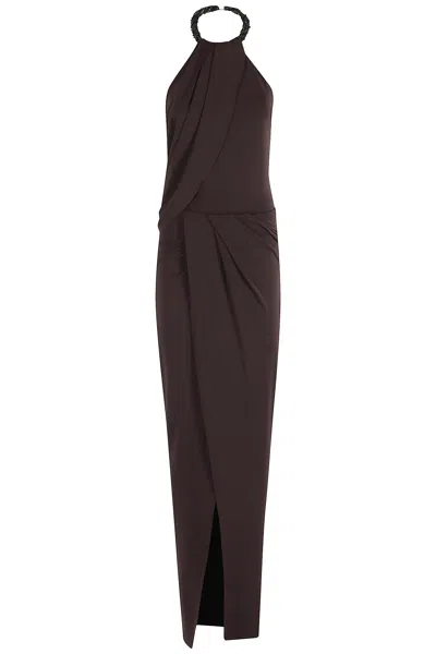 Amen Draped Maxi Dress With American Torchón Neckline In Brown
