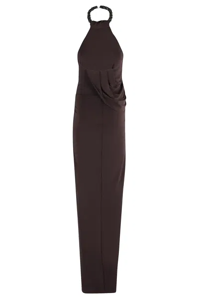 Amen Draped Maxi Dress With American Torchón Neckline In Brown
