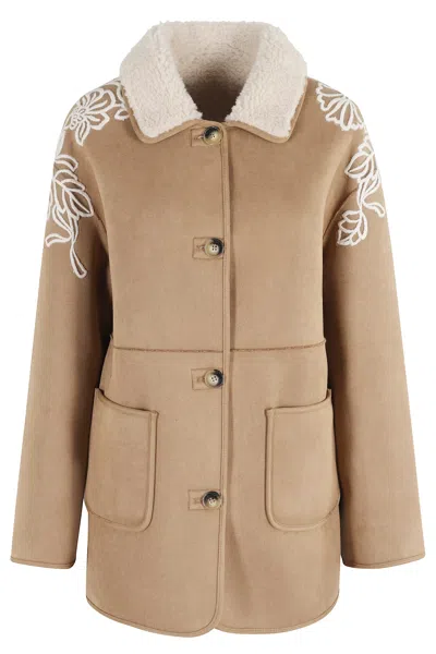 Ermanno Firenze Floral-embroidered Suede Jacket In Brown