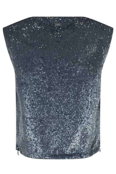Herno Sleeveless Top With All-over Sequin Fabric In Blue