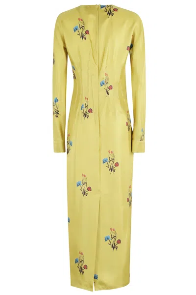 Marni Floral Embroidered Long Sleeve Dress In Yellow