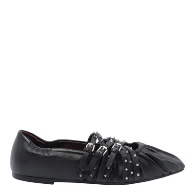 Ash Pointed Toe Leather Ballerina Shoes With Buckles And Studs In Black