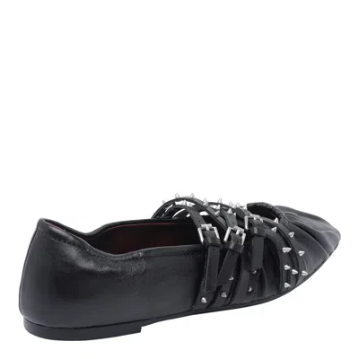 Ash Pointed Toe Leather Ballerina Shoes With Buckles And Studs In Black