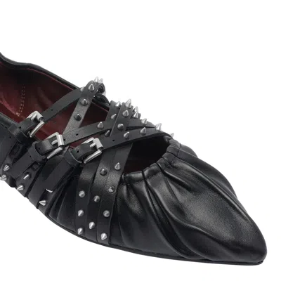 Ash Pointed Toe Leather Ballerina Shoes With Buckles And Studs In Black