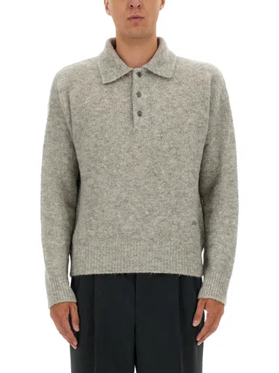 Ami Alexandre Mattiussi Light Grey Knit Sweater With Polo Collar And Three-button Placket In Gray
