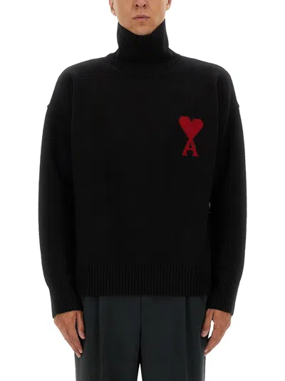 Ami Alexandre Mattiussi Relaxed Fit Black Wool Turtleneck Sweater With Graphic Heart Motif In Black