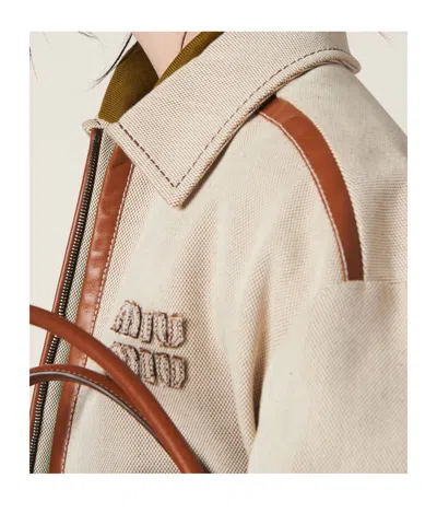 Miu Miu Jacquard Canvas Blouson Jacket In Neutral