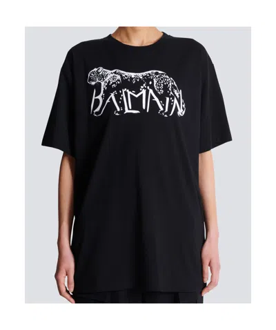 Balmain Leopard Print Cotton T-shirt In Black