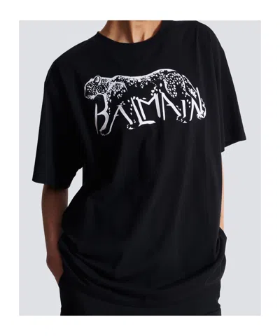Balmain Leopard Print Cotton T-shirt In Black