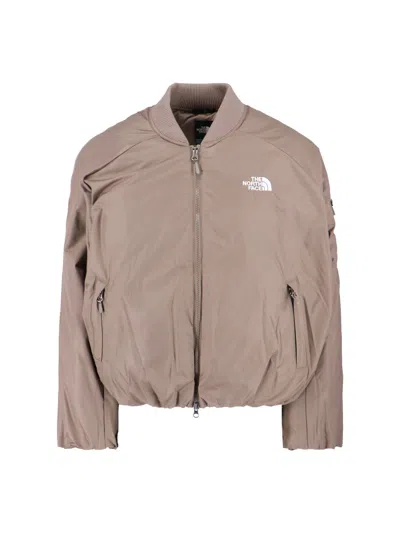 The North Face Beige Padded Bomber Jacket With Shawl Collar And Ribbed Trimming In Brown