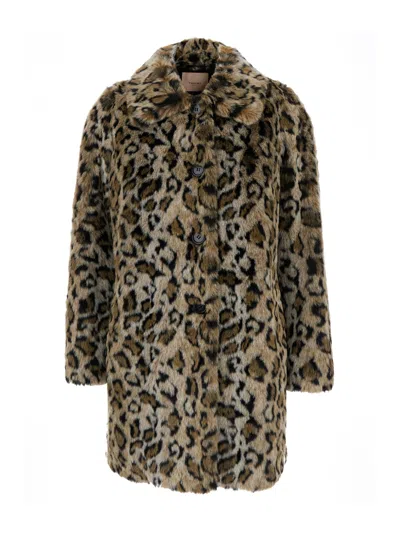 Twinset Brown Coat With Notched Collar And All-over Leopard Motif In Ecofur Woman In Brown
