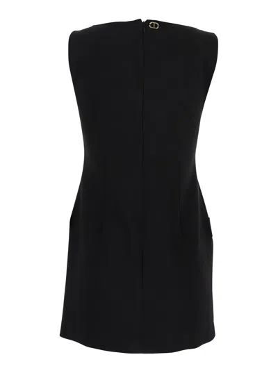 Twinset Black Crewneck Mini Dress With Bow Detail On The Front And Logo Plaque On The Rear In Tech Fabric St In Black