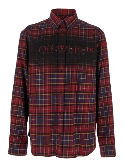 Off-white Bordeaux Shirt With Maxi Logo Lettering On The Front And All-over Check Motif In Wool Man In Multi