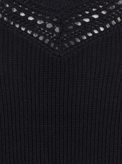 Twinset Black Sweater With Embroidered Collar And Elastic Cuffs In Wool And Cotton Woman In Black