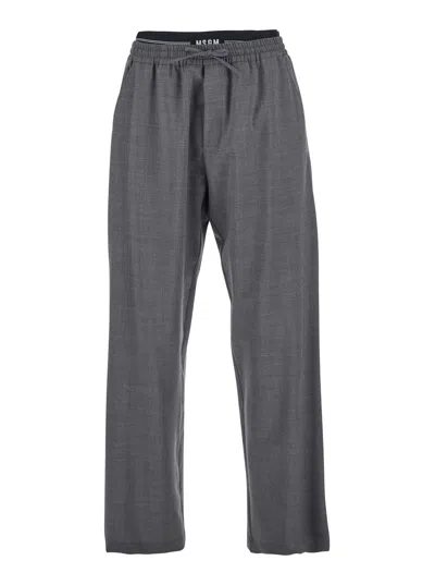 Msgm Grey Pants With Elastic Drawstring Waist In Wool Stretch Man In Gray