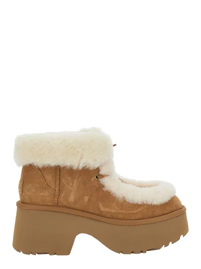 Ugg Esmee Beige Ankle Boots With Fur Detailing And Platform In Suede Woman In Brown