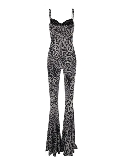Norma Kamali Grey Jumpsuit With Adjustable Shoulder Straps And All-over Leopard Motif In Tech Fabric Stretch Woma In Multi