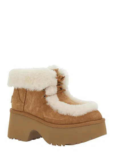 Ugg Esmee Beige Ankle Boots With Fur Detailing And Platform In Suede Woman In Brown