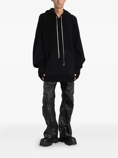 Rick Owens Hooded Sweatshirt Print Oversized Ribbed Cuffs In Black