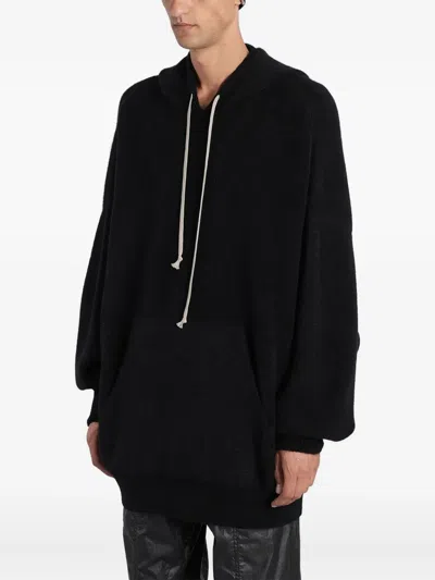 Rick Owens Hooded Sweatshirt Print Oversized Ribbed Cuffs In Black