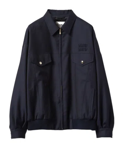 Miu Miu Batavia Wool Bomber Jacket In Blue