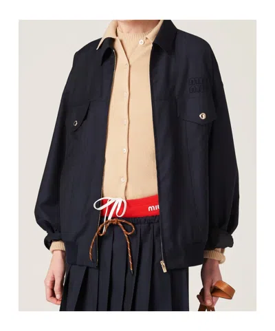 Miu Miu Batavia Wool Bomber Jacket In Blue