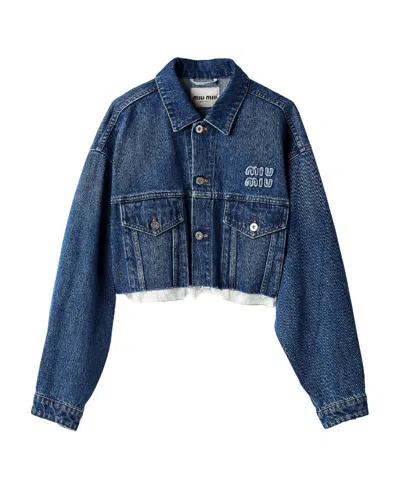 Miu Miu Buttoned Corduroy Cropped Jacket In Blue