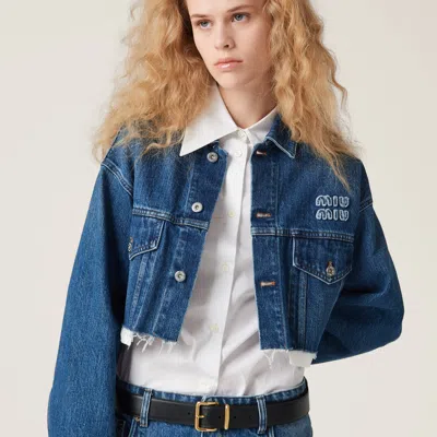Miu Miu Buttoned Corduroy Cropped Jacket In Blue