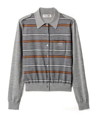 Miu Miu Striped Buttoned Wool Cardigan In Gray