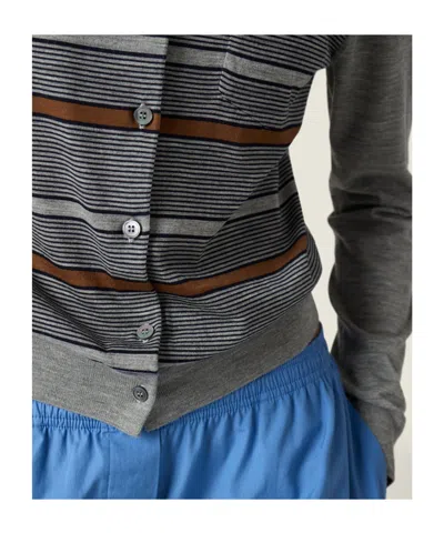 Miu Miu Striped Buttoned Wool Cardigan In Gray