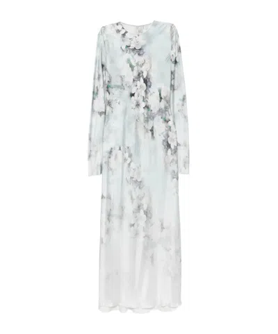 Alberta Ferretti Degrade Floral Print Washed Satin Long-sleeve Gown In White