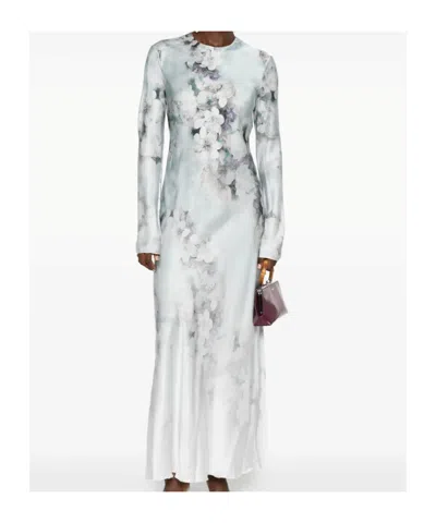 Alberta Ferretti Degrade Floral Print Washed Satin Long-sleeve Gown In White