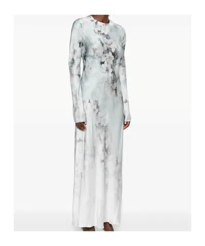 Alberta Ferretti Degrade Floral Print Washed Satin Long-sleeve Gown In White