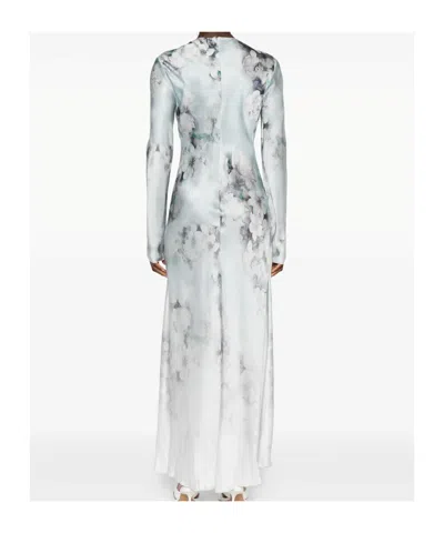 Alberta Ferretti Degrade Floral Print Washed Satin Long-sleeve Gown In White