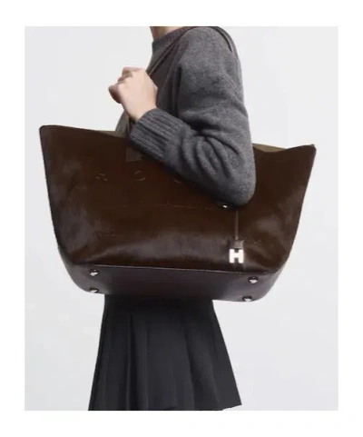 Hogan Medium Script Shopping Bag In Pony-effect Leather In Brown