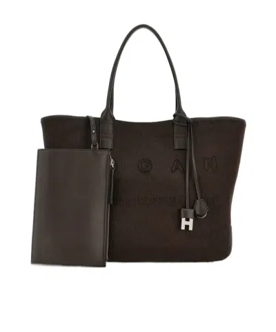 Hogan Medium Script Shopping Bag In Pony-effect Leather In Brown