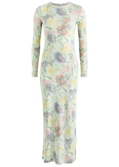 Loewe Ribbed Floral-print Silk-blend Midi Dress In Green