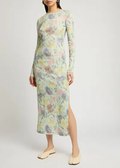 Loewe Ribbed Floral-print Silk-blend Midi Dress In Green