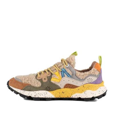 Flower Mountain Yamano 3 Natural And Dark Green Suede And Teddy Bear Sneakers In Multi