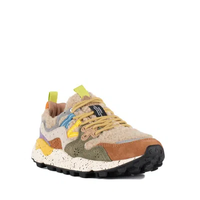 Flower Mountain Yamano 3 Natural And Dark Green Suede And Teddy Bear Sneakers In Multi