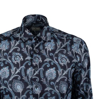 Etro Blue Cotton Shirt With All Over Paisley Print In Blue