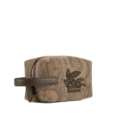 Etro Essential Small Pouch In Jacquard Light Brown In Brown