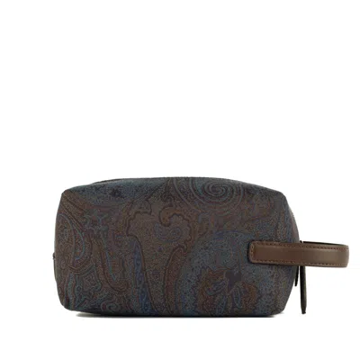Etro Essential Small Pouch In Jacquard Blue And Brown In Multi