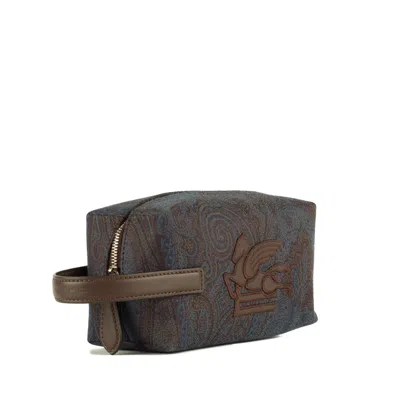 Etro Essential Small Pouch In Jacquard Blue And Brown In Multi