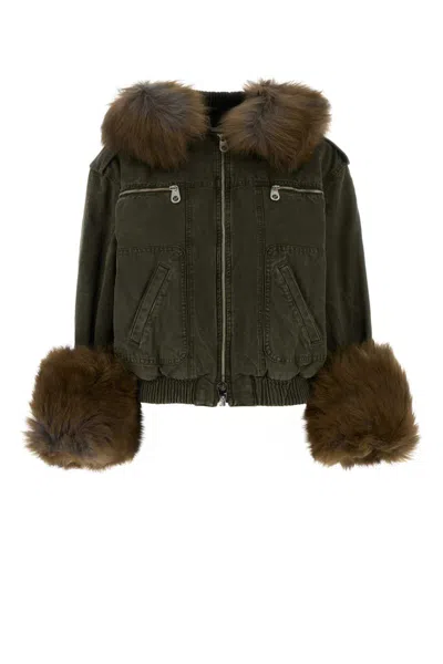 Blumarine Green Jacket With Removable Fur Details In Cotton Woman In Green